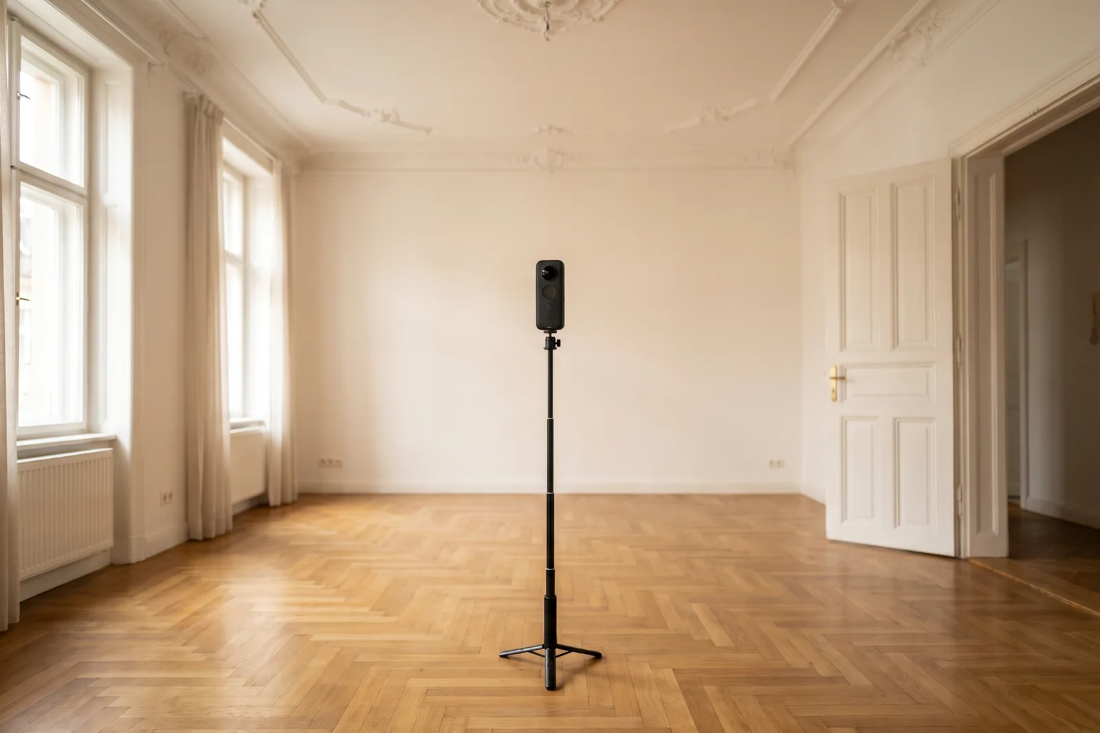 360°-Kamera auf einem schlanken Stativ in der Mitte eines leeren, hellen Wohnzimmers mit Parkett