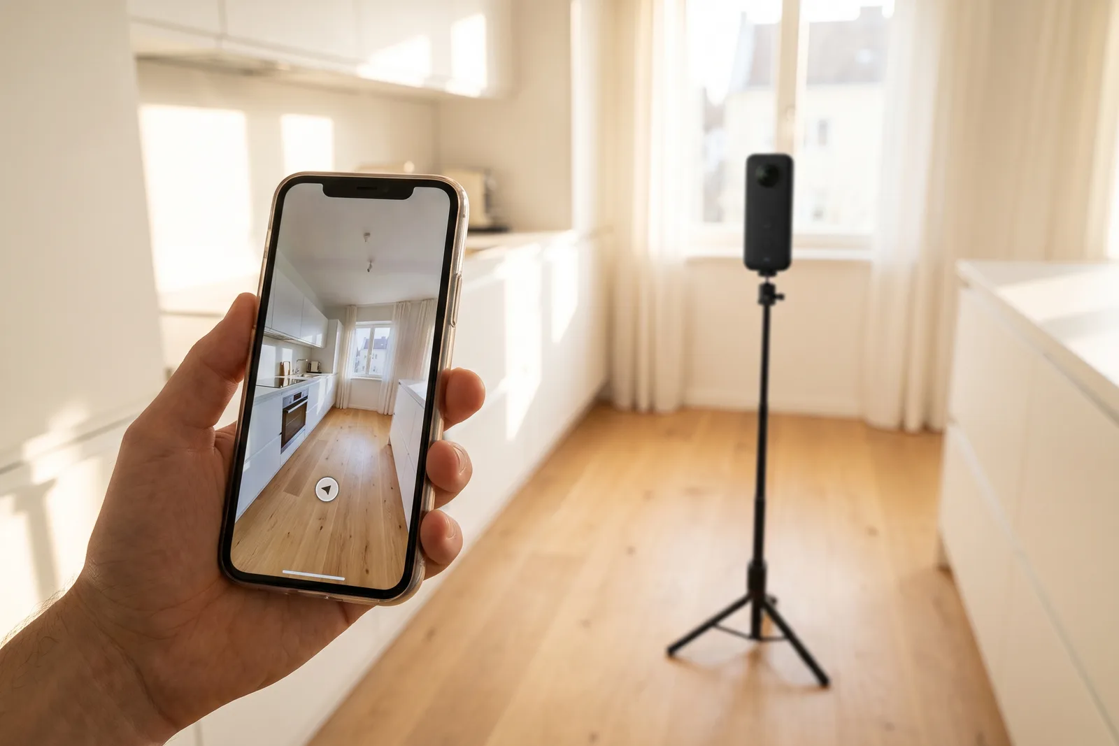 Smartphone zeigt einen 360°-Rundgang, im Hintergrund steht die Kamera auf dem Stativ in einer Küche