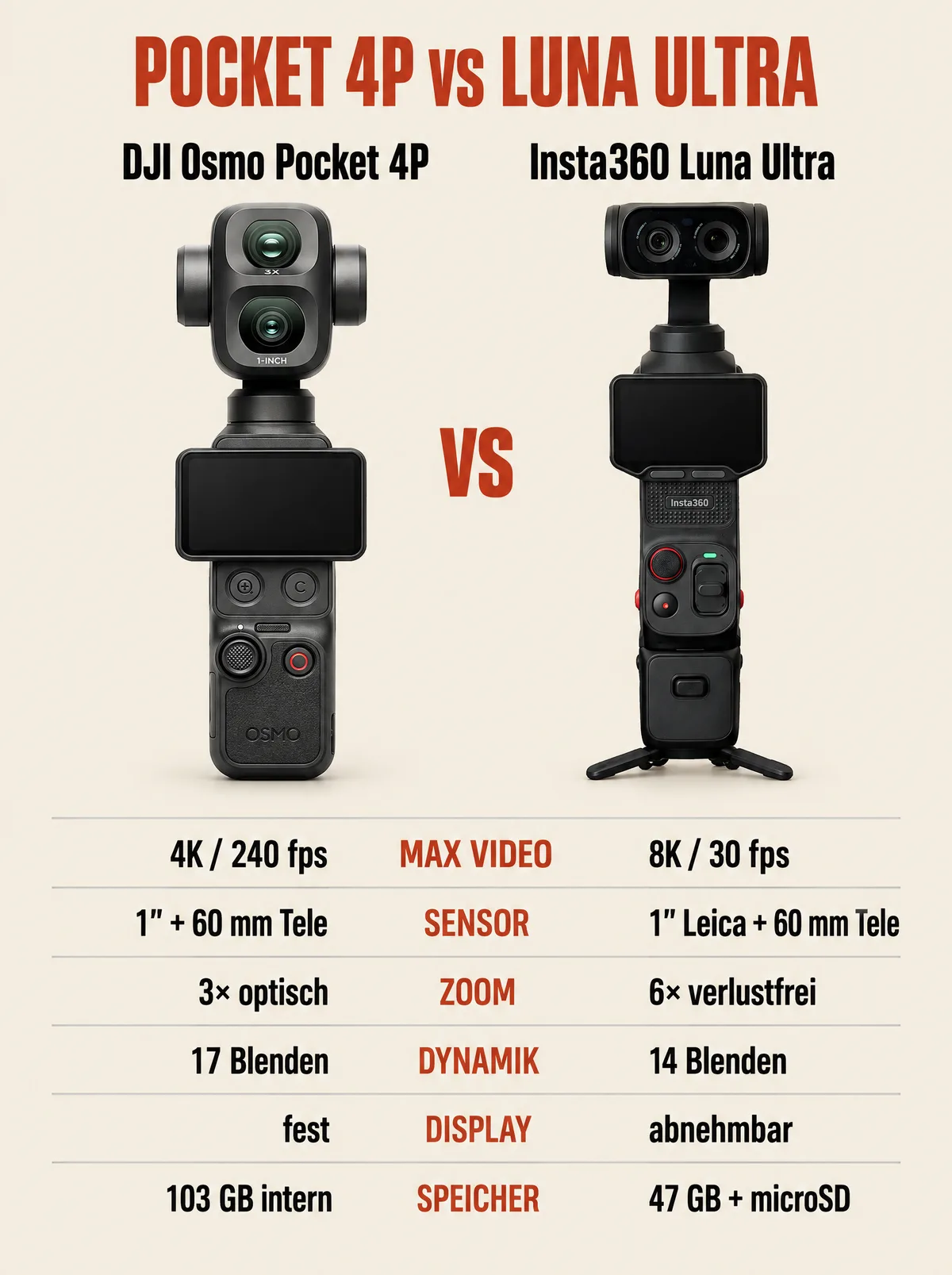 Infografik: DJI Osmo Pocket 4P vs. Insta360 Luna Ultra — Specs im Direkt-Vergleich